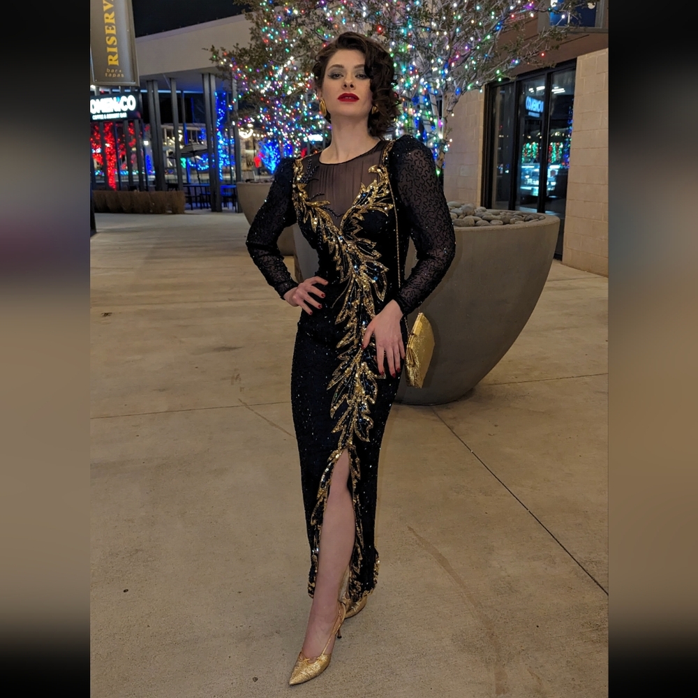 1980's Lille Rubin Sequin & Silk Navy & Gold Gown